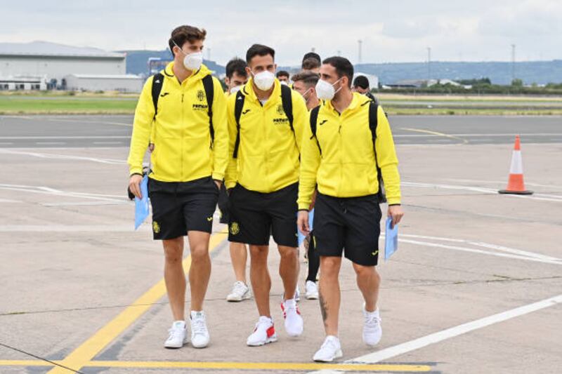 Pau Torres, Mario Gaspar and Paco Alcacer of Villarreal arrive in Belfast.