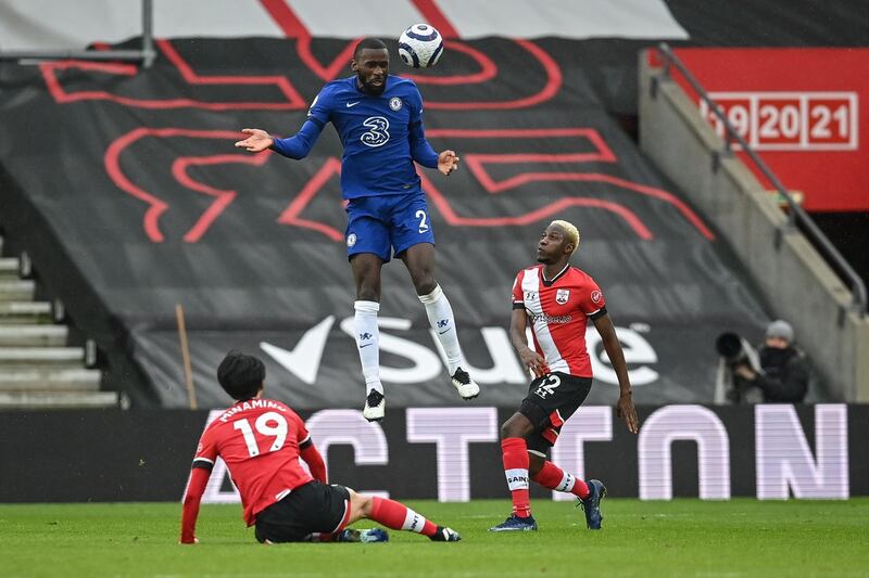 Antonio Ruediger of Chelsea against Takumi Minamino and Moussa Djenepo of Southampton. EPA