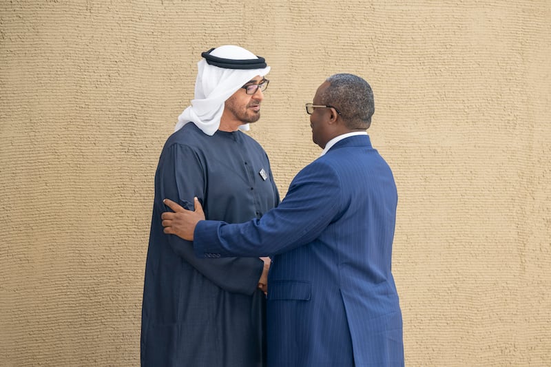 President Sheikh Mohamed greets Umaro Sissoco Embalo, President of Guinea-Bissau. Eissa Al Hammadi / UAE Presidential Court