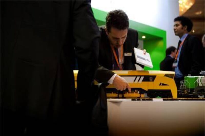 The Middle East Rail Conference got underway today at the beach Rotanan hotel in downtown Abu Dhabi. Juan Spšrk, of Vissloh rail Services, shows the features of a Vissloh train with the aide of his maquette to potential clients.

Lee Hoagland/ The National