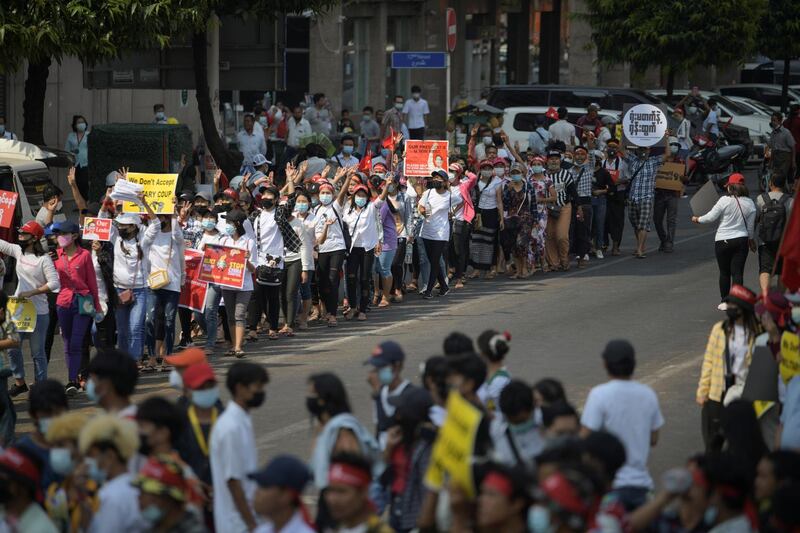 Demonstrators protest against the military coup in Yangon. REUTERS