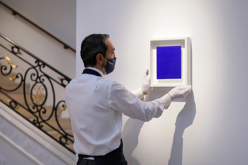 A blue monochrome painting by Yves Klein from 1958 more than tripled its estimate of €100,000 to €150,000 and sold for $527,000. Courtesy Sotheby's