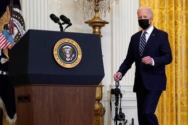 US President Joe Biden arrives for his first news conference at the White House. AP