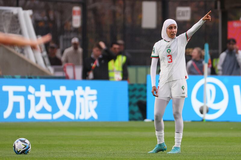 Morocco's Nouhaila Benzina prepares to take a free-kick. Reuters