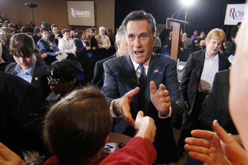 Republican presidential candidate, former Massachusetts Gov. Mitt Romney, greets supporters at his election watch party after winning the Michigan primary in Novi, Mich., Tuesday, Feb. 28, 2012. (AP Photo/Gerald Herbert) *** Local Caption ***  Romney 2012.JPEG-0ac8e.jpg