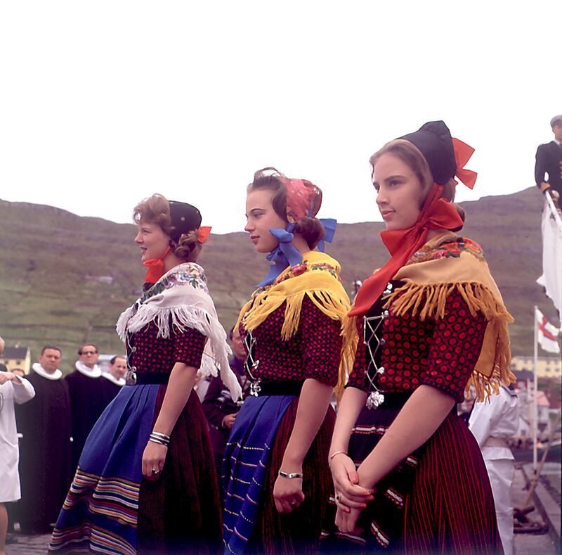 The three princesses, Margrethe, Benedikte and Anne Marie of Denmark, in Faroese national costumes in Klaksvig, Faroe Islands, 1963. EPA