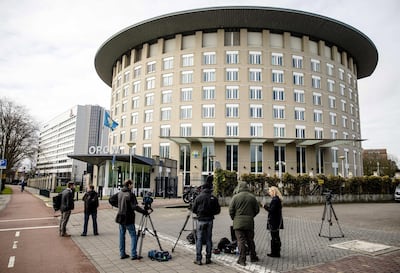 epa06644865 Journalists wait outside the headquarters of the Organisation for the Prohibition of Chemical Weapons (OPCW) in The Hague, The Netherlands, 04 April 2018. The OPCW Executive Council will hold a meeting on 04 April 2018 on request by Russia on the Skripal poisoning case.  EPA/Bart Maat