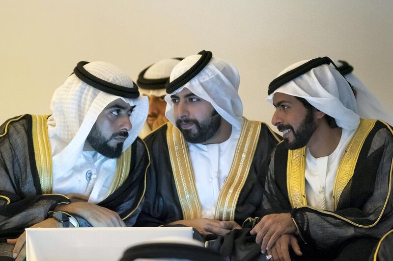 ABU DHABI, UNITED ARAB EMIRATES - December 02, 2018: (R-L) HH Sheikh Khalifa bin Tahnoon bin Mohamed Al Nahyan, Director of the Martyrs' Families' Affairs Office of the Abu Dhabi Crown Prince Court, HH Sheikh Zayed bin Tahnoon bin Mohamed Al Nahyan and HH Sheikh Diab bin Tahnoon bin Mohamed Al Nahyan, attend the 47th UAE National Day celebrations, at Zayed Sports City.

( Mohamed Al Hammadi / Ministry of Presidential Affairs )
---