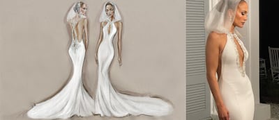 One of three Ralph Lauren dresses Jennifer Lopez wore to marry Ben Affleck, accompanied by the designer's sketches. Photo: onthejlo.com
