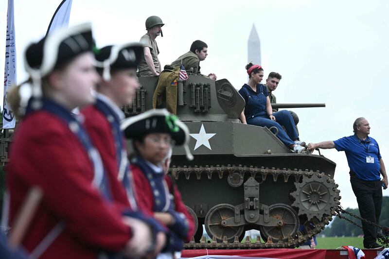 A tank-themed float prepares to ride in the National Memorial Day parade held by the American Veterans Center in Washington, DC, on Memorial Day. AFP