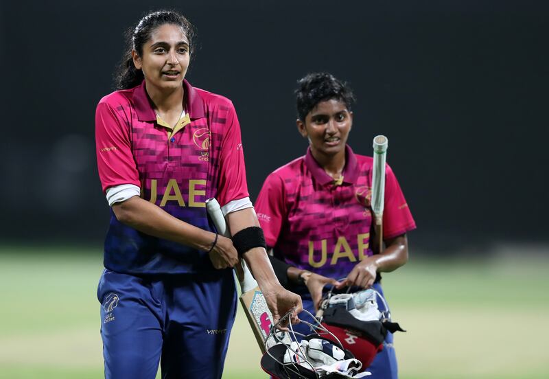 UAE openers Esha Oza and Theertha Satish after winning the game in Abu Dhabi which keeps alive their hopes of a semi-final place at the Women’s T20 World Cup Qualifier