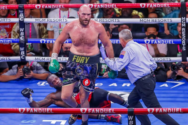 WBC champion Tyson Fury knocks out Deontay Wilder in the 11th round of their incredible heavyweight title fight in Las Vegas in October, 2021. EPA