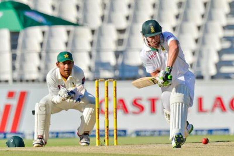 South African batsmen AB De Villiers lines up a shot from Saeed Ajmal.