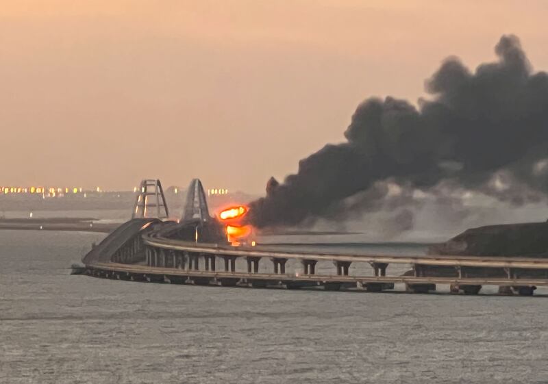 A blaze erupts on Kerch bridge in the Kerch Strait, Crimea, on October 8. Reuters / Stringer