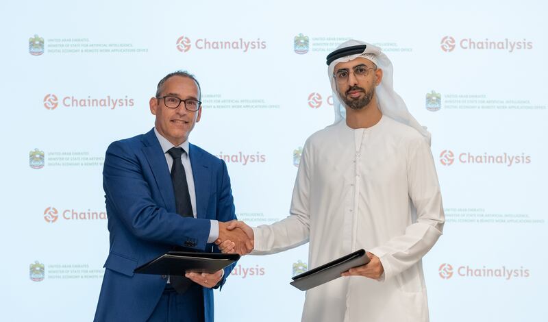 Omar Al Olama, Minister of AI, Digital Economy and Remote Work Applications and Bas Lemmens, of Chainalysis, during the signing ceremony. Photo: Ministry of AI, Digital Economy and Remote Work Applications