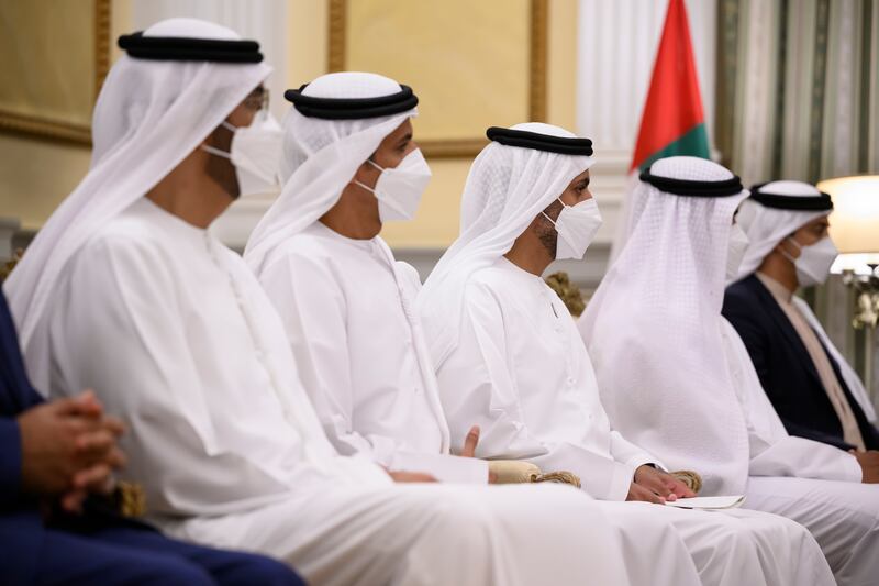 Dr Sultan Al Jaber, Minister of Industry and Advanced Technology; Ali Al Shamsi, deputy secretary general of the Supreme National Security Council; Sheikh Mohammed bin Hamad, Adviser for Special Affairs at the Presidential Court; Sheikh Zayed bin Mohamed; and Sheikh Mansour bin Zayed, Deputy Prime Minister and Minister of Presidential Affairs, attend a meeting with Ms Sakellaropoulou.