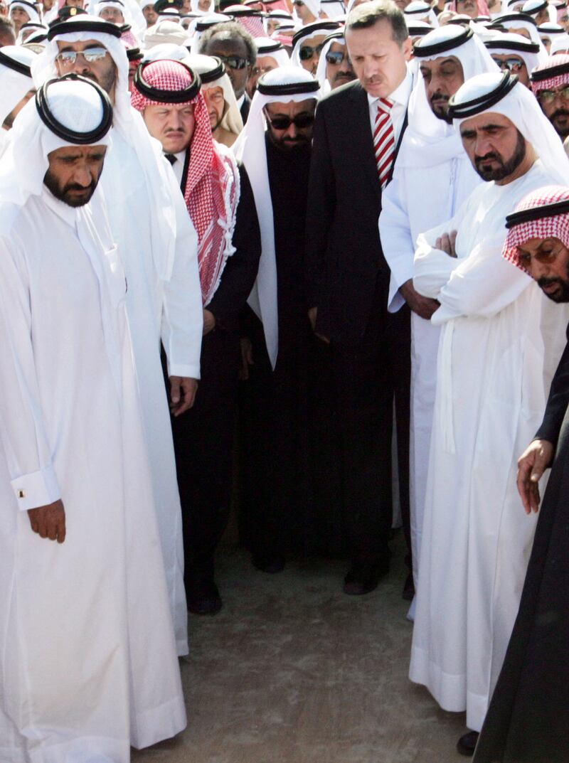 President Sheikh Khalifa, Sheikh Mohammed bin Rashid, Crown Prince of Dubai at the time, Jordan's King Abdullah II, second from left, and Mr Erdogan at the funeral of Sheikh Maktoum bin Rashid in January 2006. Sheikh Mohammed succeeded his older brother as Vice President and Ruler of Dubai. AFP
