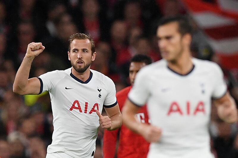 Tottenham Hotspur's English striker Harry Kane celebrates after scoring their second goal from the penalty spot. AFP