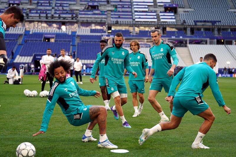 Real Madrid's Karim Benzema and Gareth Bale during a training session at the Stade de France. PA