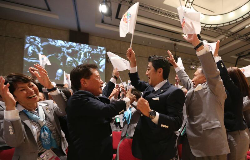 Japan's Prime Minister Shinzo Abe, center right, and Tokyo's Governor Naoki Inose, center left, celebrate with members of Japan's delegation after Tokyo was awarded the 2020 Olympic Games during the 125th IOC session in Buenos Aires, Argentina, Saturday, Sept. 7, 2013. Tokyo defeated Istanbul in the final round of secret voting Saturday by the International Olympic Committee. Madrid was eliminated earlier after an initial tie with Istanbul. (AP Photo/Ian Watson, Pool) *** Local Caption ***  Argentina 2020 Vote Olympics.JPEG-09b1e.jpg