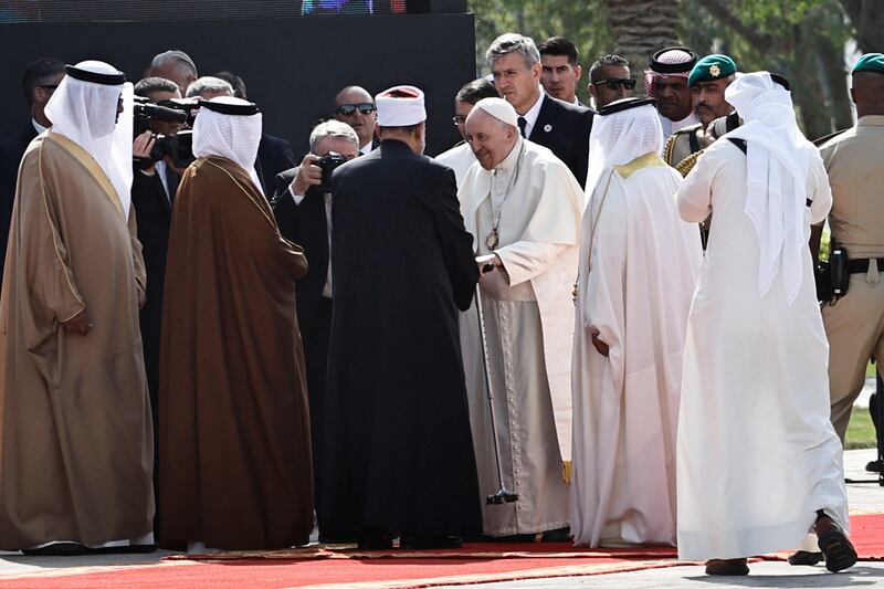 Pope Francis attends the closing ceremony of the Bahrain Forum for Dialogue at Sakhir Palace. Reuters