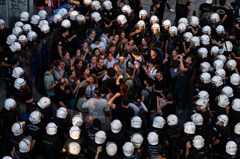 Police surround demonstrators during a rally in Kadikoy district, Istanbul. The left-wing youth protest marked the anniversary of a 2015 suicide attack that killed 34 people in the southern Turkish town of Suruc. The government said ISIS was responsible. AFP