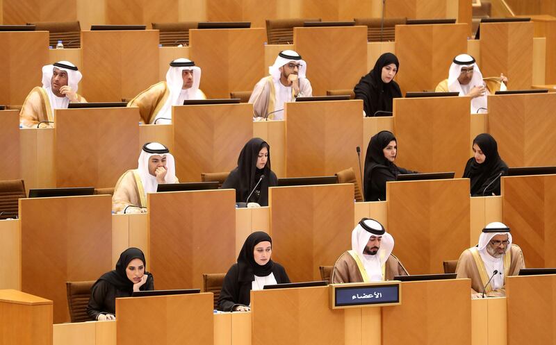 ABU DHABI , UNITED ARAB EMIRATES , Nov 14 – 2019 :-  FNC members during the first meeting of the Federal National Council session held at FNC office in Abu Dhabi. ( Pawan Singh / The National )  For News. Story by Haneen