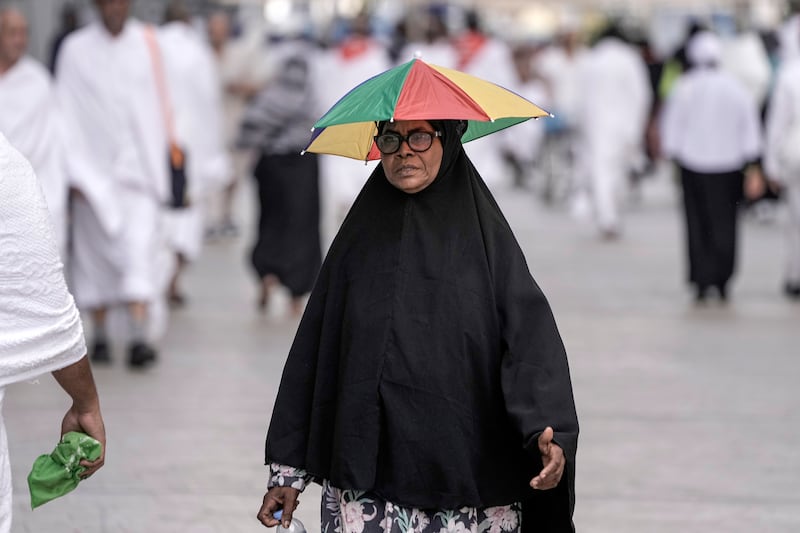 Sudanese pilgrim Um Safaa, who came from Port Sudan for the Hajj, outside the Grand Mosque. AP
