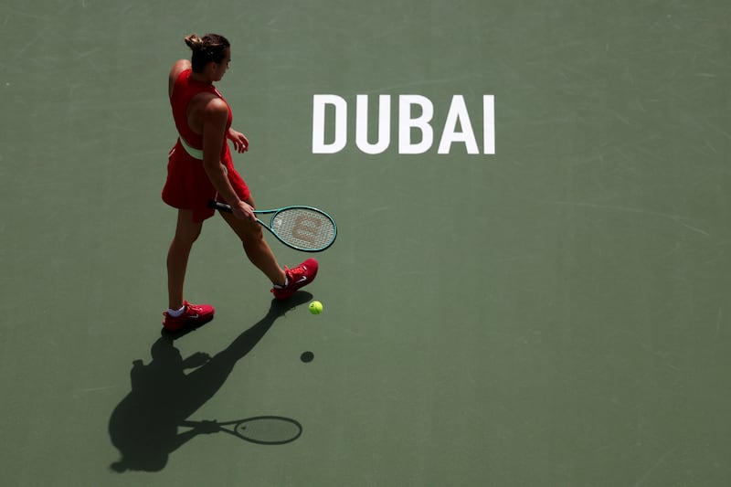 Aryna Sabalenka on court at the Dubai Duty Free Tennis Stadium on Tuesday. Getty Images