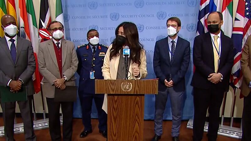 The UAE's ambassador to the UN speaks on UNSC condemnation of Houthi attacks. Photo: Screengrab from video