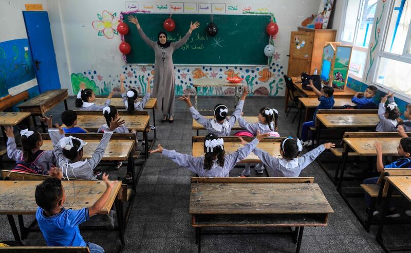 Palestinian students attend a class at a school in Jabalia refugee camp in northern Gaza Strip. AFP