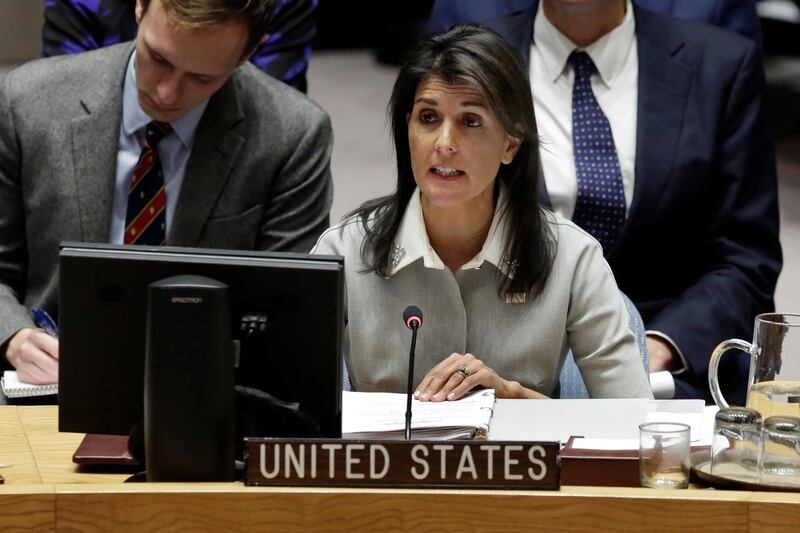 U.S. Ambassador Nikki Haley speaks in the Security Council at United Nations headquarters, Friday, Dec. 8, 2017. (AP Photo/Richard Drew)
