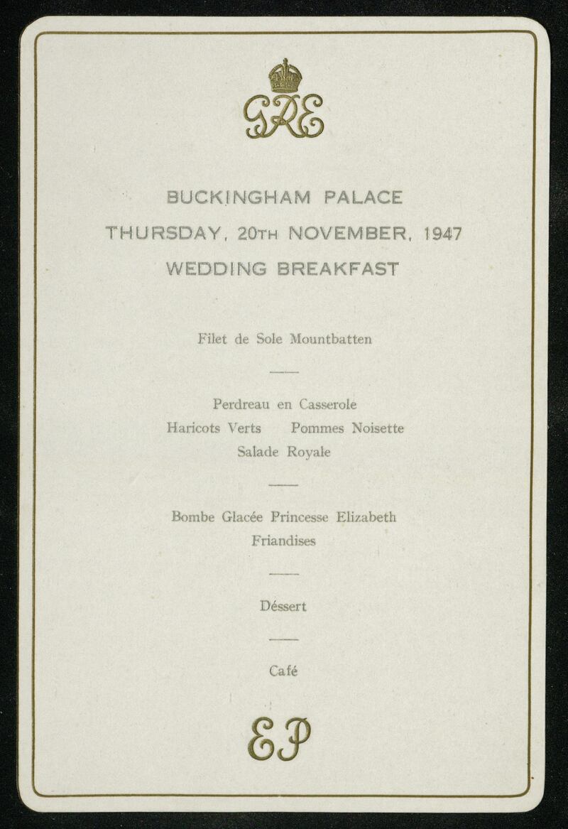 The wedding breakfast menu from the wedding of HRH The Princess Elizabeth and Lieutenant Philip Mountbatten. Courtesy Royal Archives