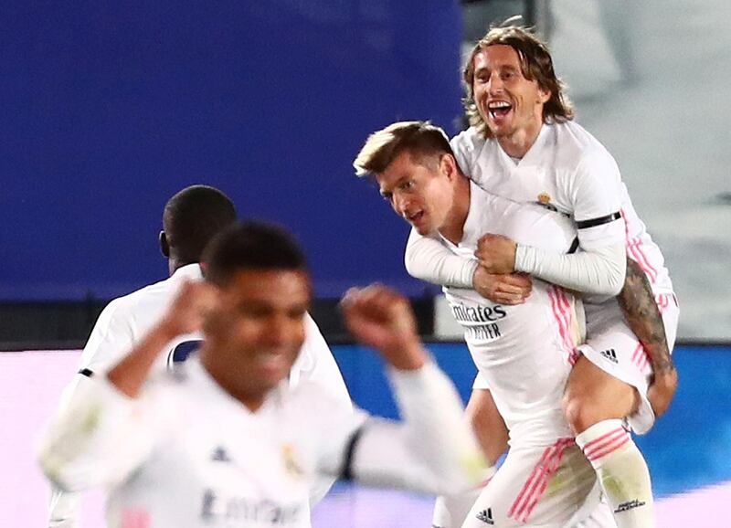 Real Madrid's Toni Kroos celebrates scoring their second goal. Reuters