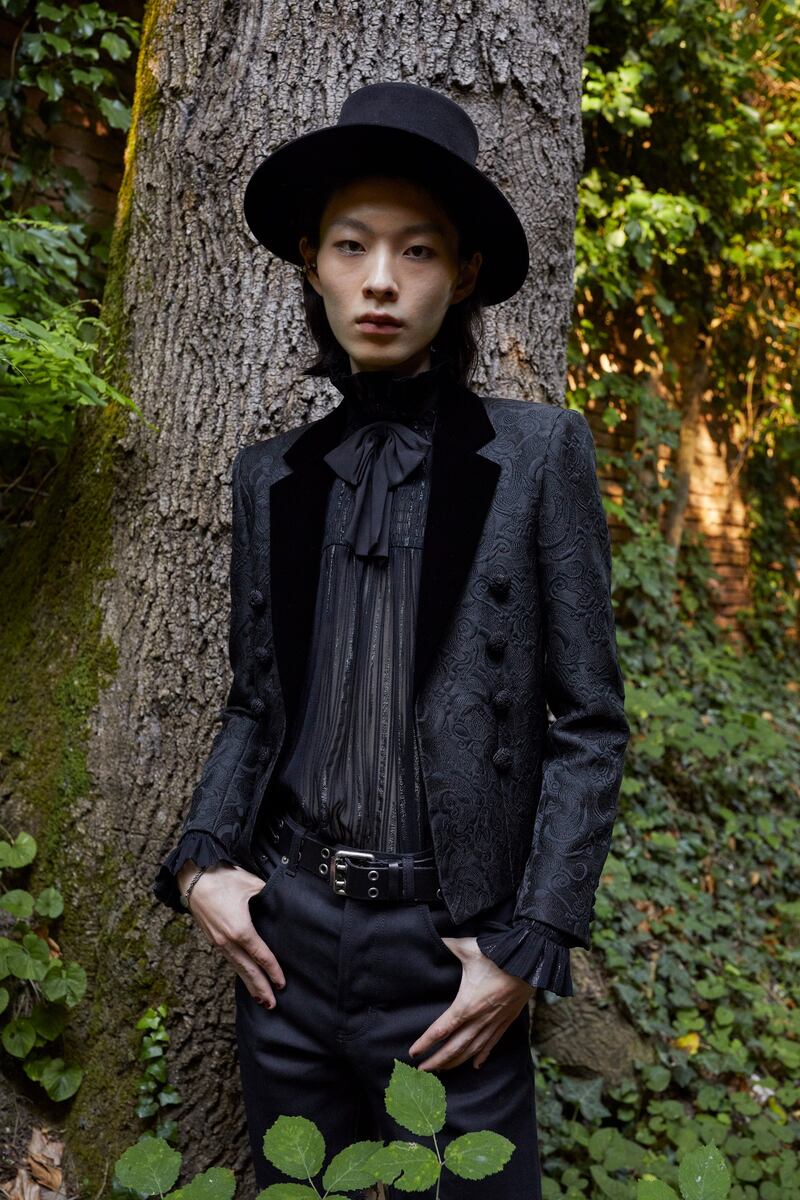 A silk shirt, a brocade jacket and a velvet hat for Saint Laurent spring / summer 2022. Courtesy Saint Laurent.