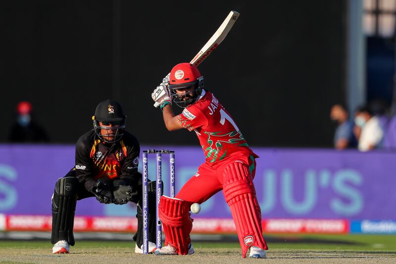 Oman's Jatinder Singh bats during the Cricket Twenty20 World Cup first round match between Oman and Papua New Guinea in Muscat, Oman, Sunday, Oct.  17, 2021.  (AP Photo / Kamran Jebreili)