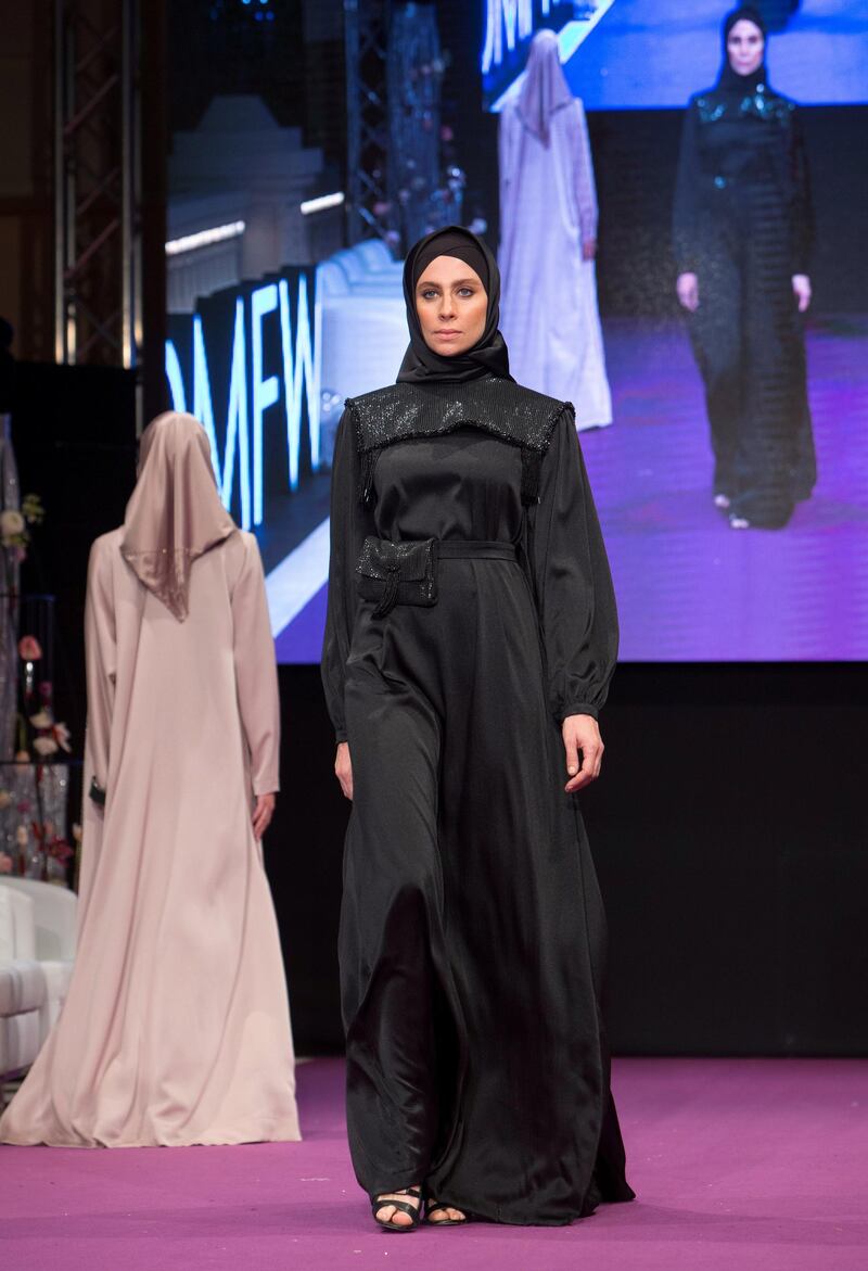 DUBAI, UNITED ARAB EMIRATES -Maryan Suleymanova show at the second day of Dubai Modest Fashion Show at Emerald Palace Kempinski, Dubai.  Leslie Pableo for The National for Hafsa Lodi's story
