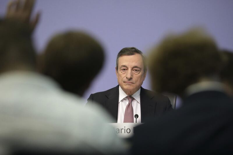 Mario Draghi, president of the European Central Bank (ECB), takes questions from journalists during a rates decision news conference in Frankfurt, Germany, on Thursday, July 25, 2019. The ECB sent its strongest signal yet that monetary support for the euro-area economy will be stepped up after the summer break, with lower interest rates and renewed asset purchases on the table. Photographer: Alex Kraus/Bloomberg
