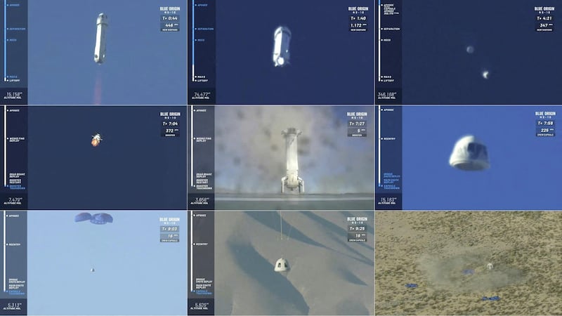 (COMBO) This combination of pictures created on January 23, 2019 shows from top to bottom video grabs of the 10th test flight launch of Blue Origin's new Shepard rocket on January 23, 2019 in the West Texas desert. - With an eye to launching the first tourists to space by year's end, Blue Origin, the rocket company owned by Amazon CEO Jeff Bezos, blasted off the 10th test flight of its New Shepard rocket on Wednesday. The rocket, carrying no people on board but eight science experiments for NASA, soared skyward from a launchpad in west Texas at 1508 GMT against a clear blue sky.A few minutes into the flight, the capsule separated as planned from the booster and reached its peak height of 66 miles (106 kilometers). (Photos by HO / BLUE ORIGIN / AFP) / RESTRICTED TO EDITORIAL USE - MANDATORY CREDIT "AFP PHOTO / BLUE ORIGIN/HANDOUT" - NO MARKETING NO ADVERTISING CAMPAIGNS - DISTRIBUTED AS A SERVICE TO CLIENTS