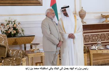 Sheikh Mohamed bin Zayed, Crown Prince of Abu Dhabi Deputy Supreme Commander of the UAE Armed Forces, receives Narendra Modi Prime Minister of India, at the Presidential Airport in February last year. Rashed Al Mansoori / Crown Prince Court - Abu Dhabi