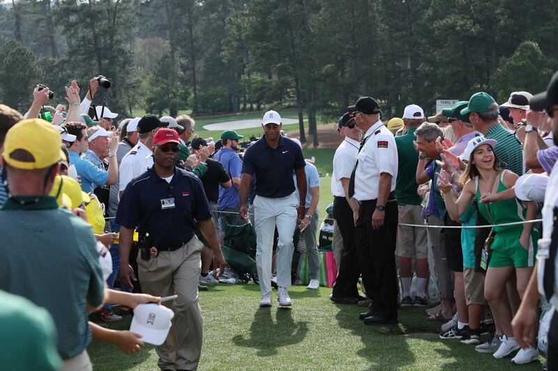Tiger Woods walks off the ninth green during a practice round at Augusta National. Reuters