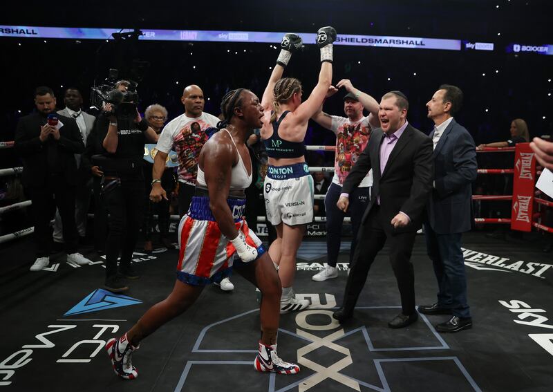 Claressa Shields celebrates after victory overSavannah Marshall. Getty