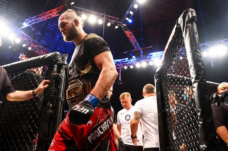 Jiri Prochazka leaves the octagon after beating Glover Teixeira in their light heavyweight championship Fight at UFC 275. Getty