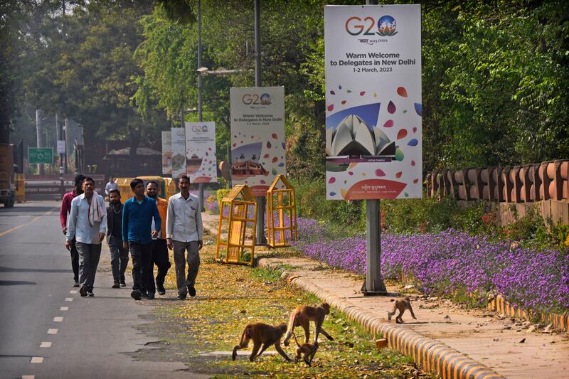 A row of welcome banners for delegates of the G20 foreign ministers' meeting, in New Delhi, India. AP
