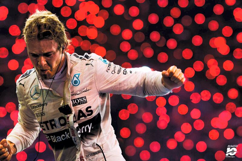 Nico Rosberg clenches his fists and punches the air after winning in 2015. Heath says Yas Marina Circuit’s fantastic firework display provided a suitably stunning backdrop.