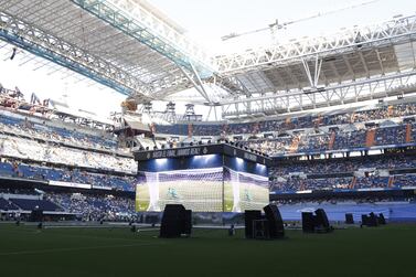 View of the giant screen placed at Santiago Bernabeu stadium, in Madrid, Spain, 28 May 2022, where fans will watch a broadcast of the UEFA Champions League final soccer match between Liverpool FC and Real Madrid in Paris, France.   EPA/J.  J.  Guillen