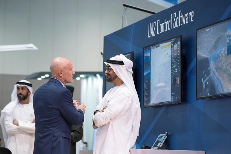 ABU DHABI, UNITED ARAB EMIRATES - February 27, 2018: HH Sheikh Mohamed bin Zayed Al Nahyan, Crown Prince of Abu Dhabi and Deputy Supreme Commander of the UAE Armed Forces (R), visits the Lockheed Martin stand while touring the Unmanned Systems Exhibtion and Conference (UMEX) 2018 at the Abu Dhabi National Exhibition Centre (ADNEC). 
( Ryan Carter for the Crown Prince Court - Abu Dhabi )
---