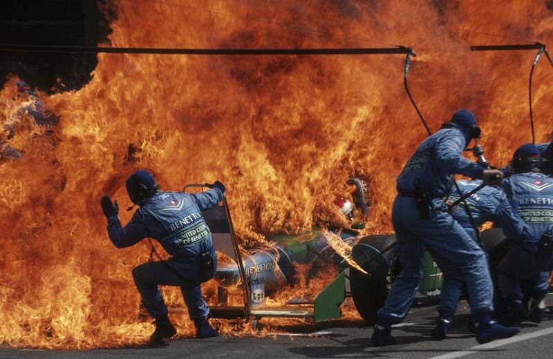 Narrow Escape – Fire Incident in Hockenheim, German F1 Grand Prix, July 31, 1994, by Arthur Thill (Luxembourg, born 1950). Jos Verstappen (the Netherlands) survived. Courtesy Arthur Thill / ATP Photo Agency