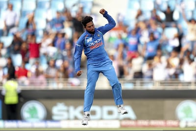 Dubai, United Arab Emirates - September 23, 2018: India's Kuldeep Yadav takes the wicket of Pakistan's Fakhar Zaman during the game between India and Pakistan in the Asia cup. Sunday, September 23rd, 2018 at Sports City, Dubai. Chris Whiteoak / The National