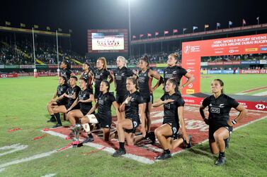 Dubai, United Arab Emirates - December 07, 2019: New Zealand do the haka after winning the match between New Zealand and Canada in the womens final at the HSBC rugby sevens series 2020. Saturday, December 7th, 2019. The Sevens, Dubai. Chris Whiteoak / The National